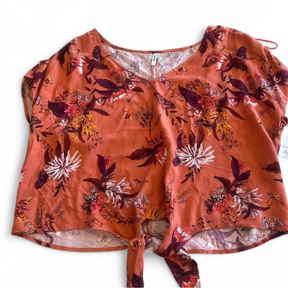 NWT MUDD Size L Womens Multicolor Floral Scoop Neck Front Tie Short Sleeve Top